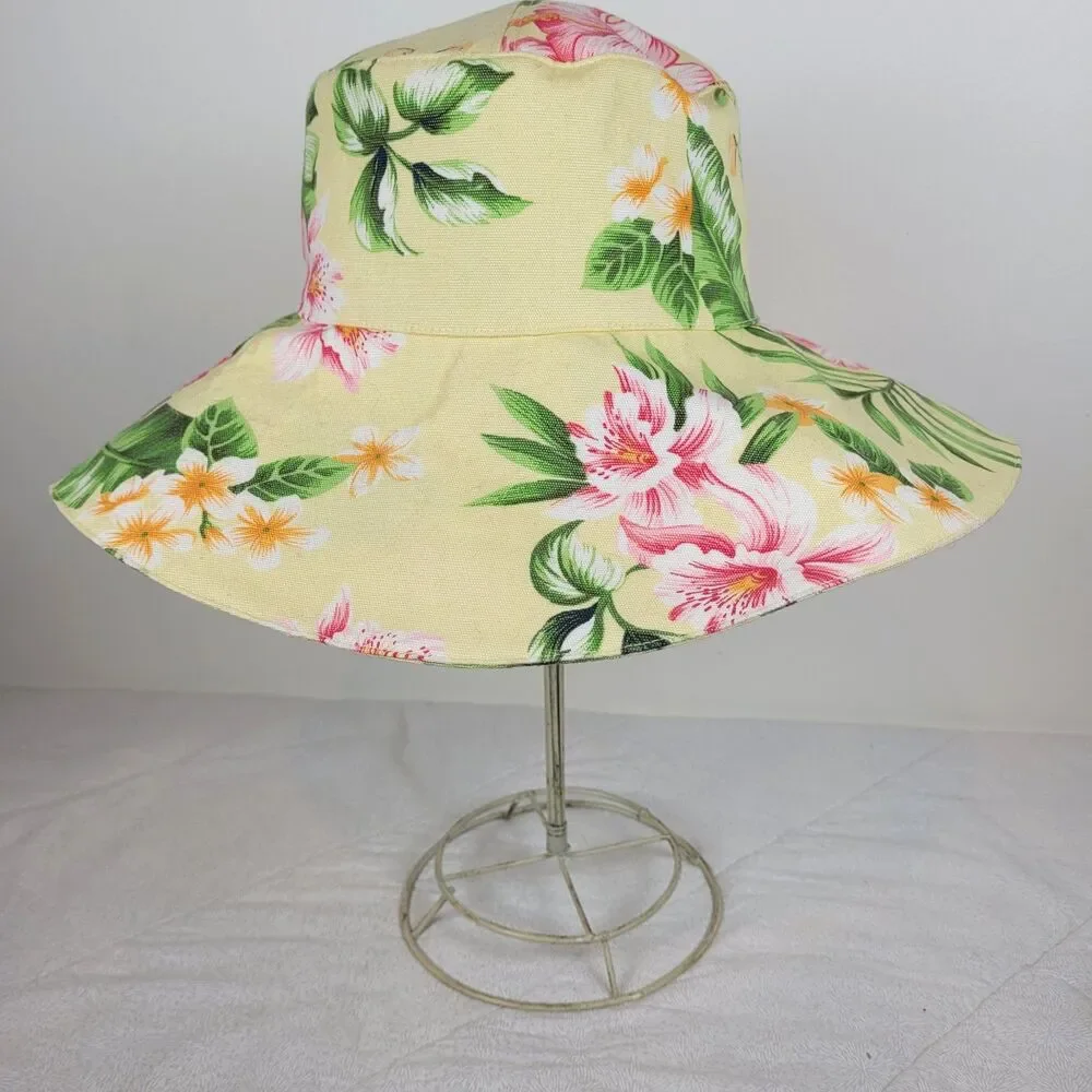 Jantzen Wide Brim Yellow Tropical Floppy Sun Hat 100% cotton beach vacation fun